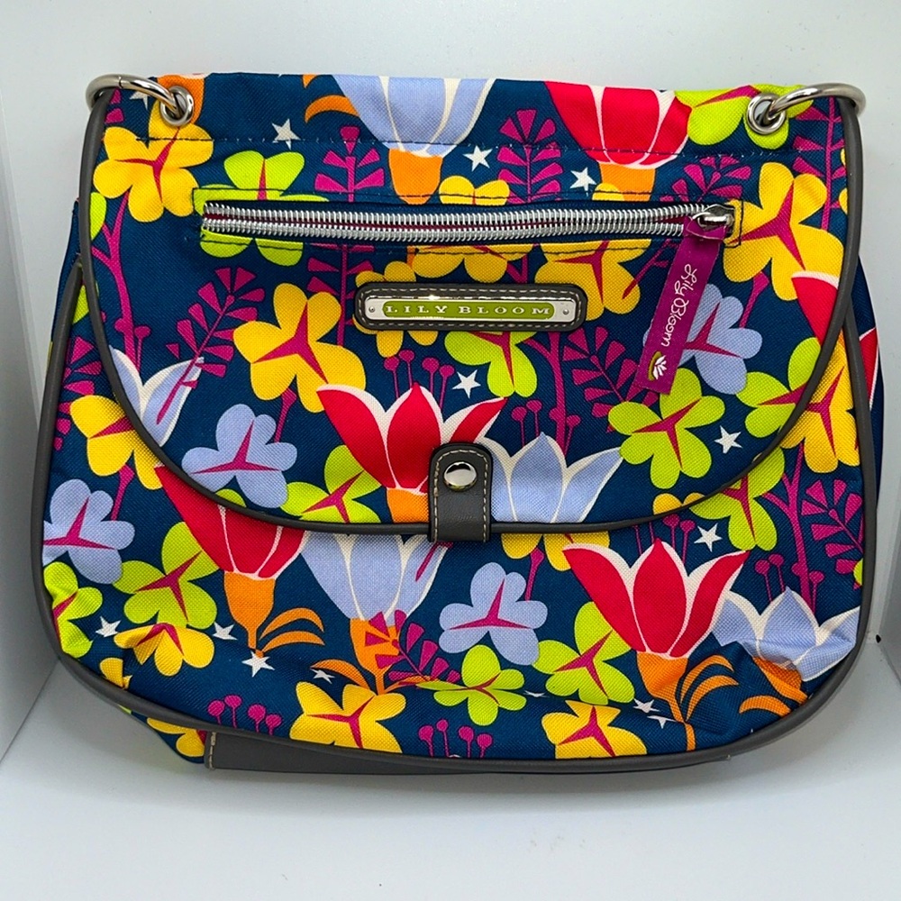 Lily Bloom Floral Purse Navy Pink Yellow Silver Satchel Shoulder Bag Colorful